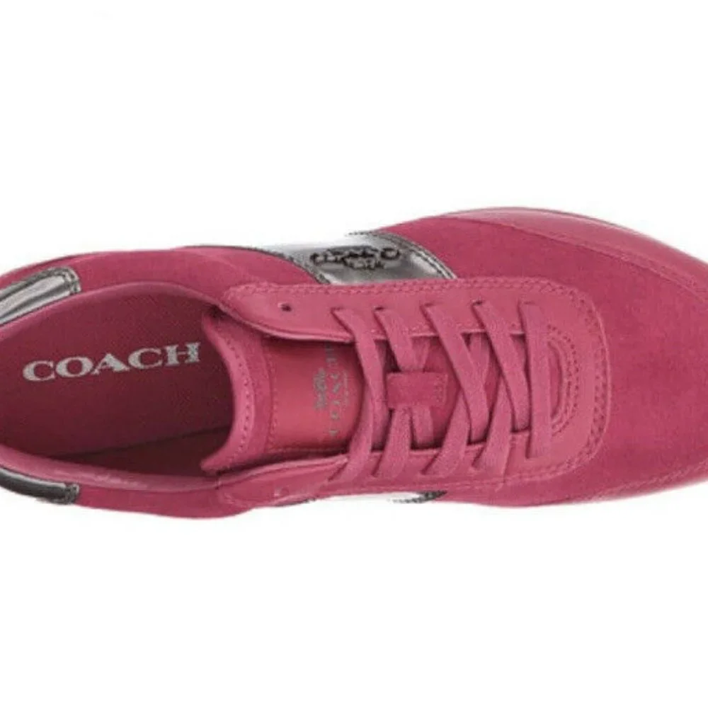 COACH RAYLEN SUEDE SNEAKERS SHOES Gunmetal Cerise‎ Burgundy Leather Logo - Picture 3 of 14